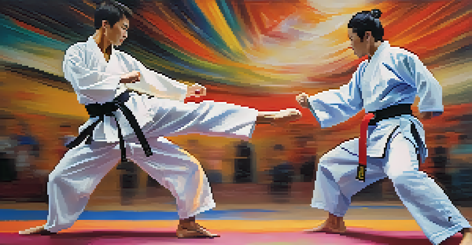 Two martial artists sparring, with one performing a high kick and the other in defense, emphasizing their intense expressions and movements.