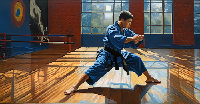 A martial artist in a low stance performing a lateral shuffle drill, with a gym mirror and martial arts equipment in the background.