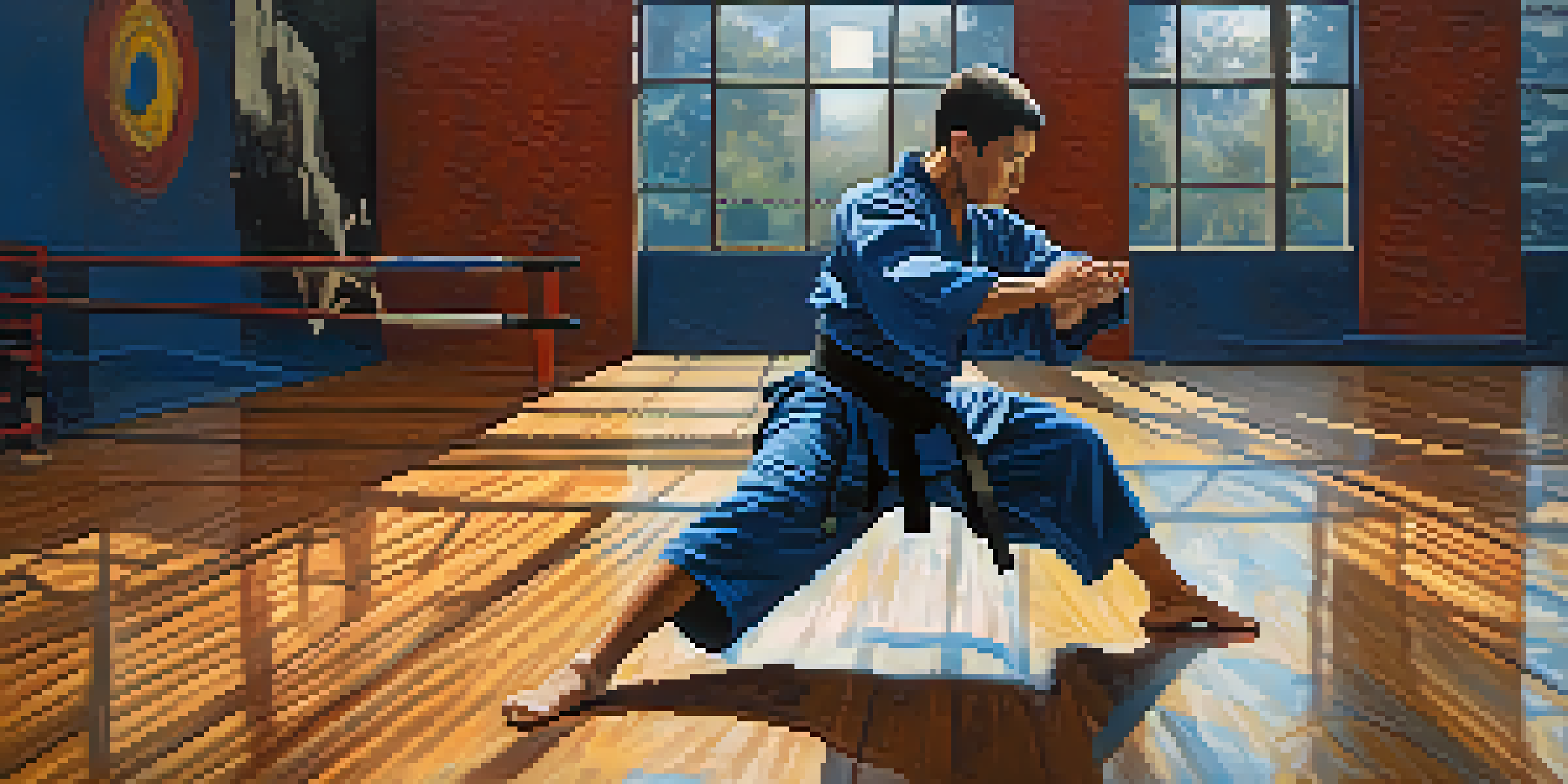 A martial artist in a low stance performing a lateral shuffle drill, with a gym mirror and martial arts equipment in the background.