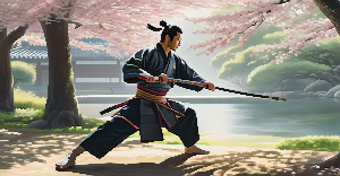 A samurai in traditional armor practicing jujutsu in a Japanese garden filled with cherry blossom trees and soft sunlight.