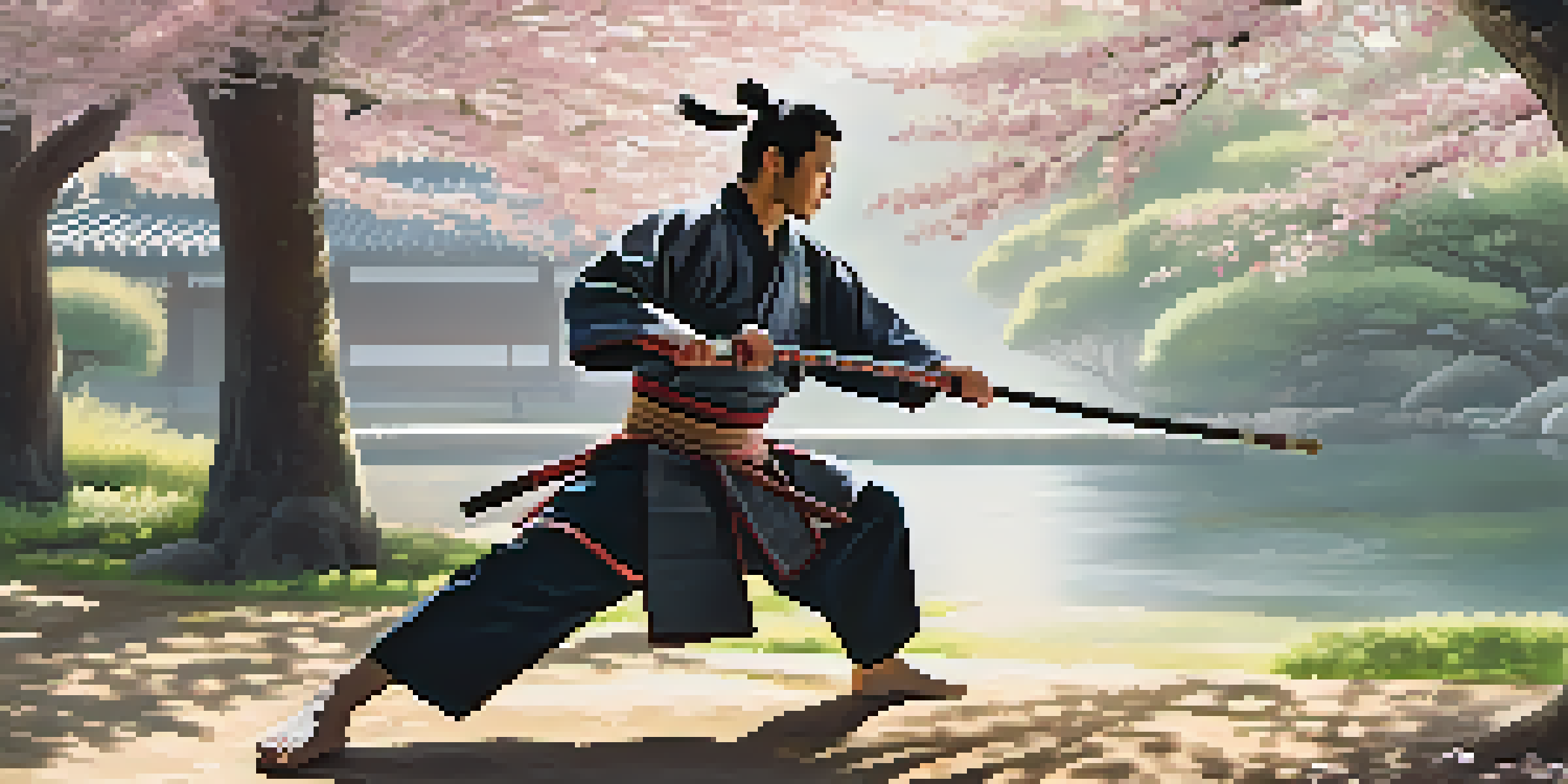 A samurai in traditional armor practicing jujutsu in a Japanese garden filled with cherry blossom trees and soft sunlight.