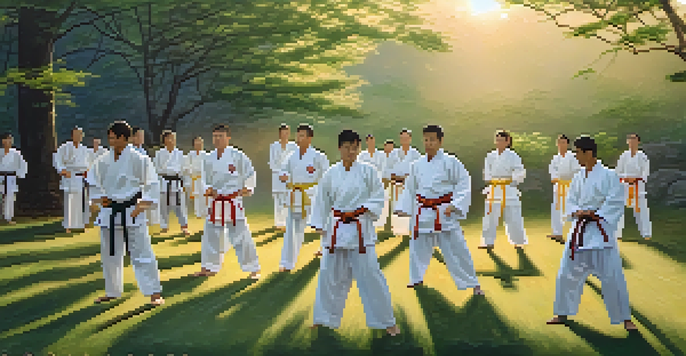 A diverse group of martial artists practicing kata in a serene outdoor setting at sunrise, with soft golden light and lush greenery.