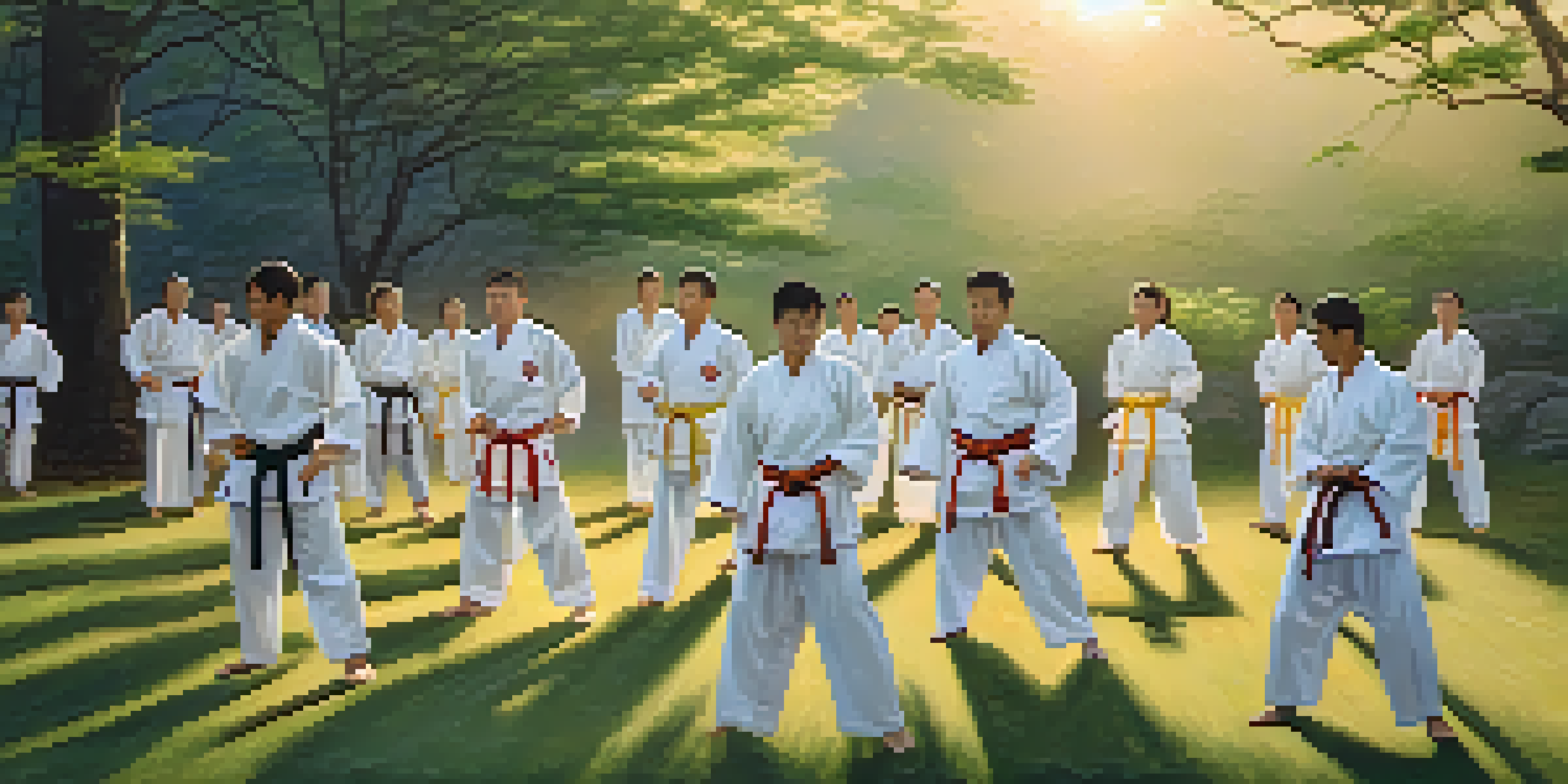 A diverse group of martial artists practicing kata in a serene outdoor setting at sunrise, with soft golden light and lush greenery.