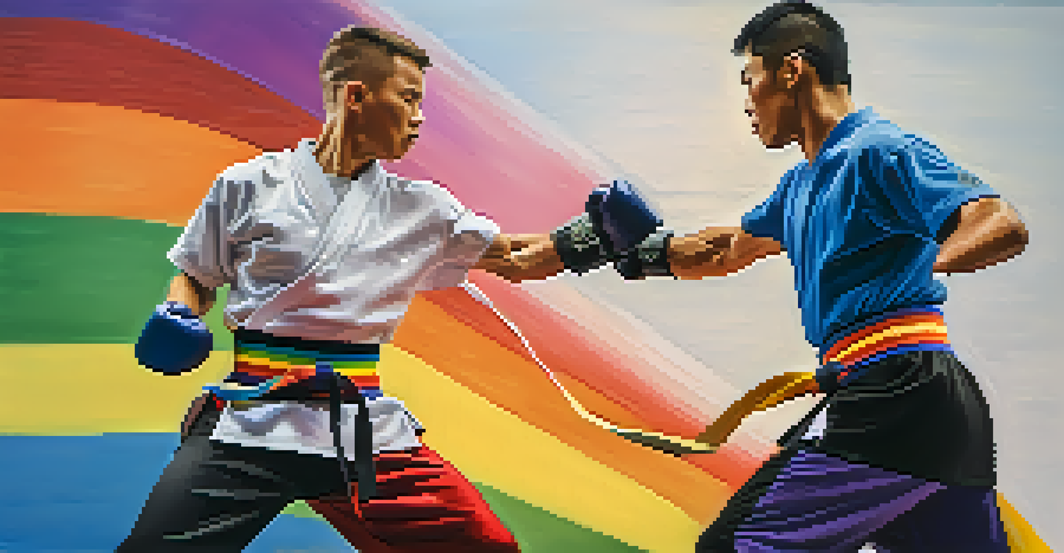 Two martial artists sparring, one wearing a rainbow belt, in a supportive gym environment.