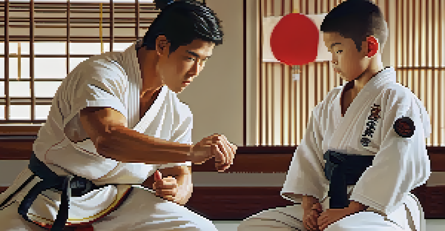 A martial arts instructor mentoring a young student in a dojo, demonstrating a technique with supportive expressions, surrounded by motivational quotes and training equipment.