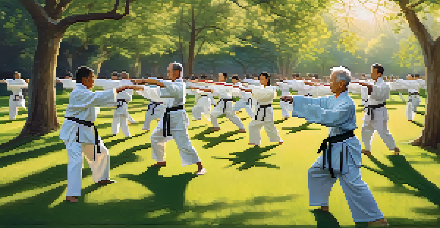 Seniors practicing Tai Chi in a park, surrounded by trees and sunlight, promoting tranquility.
