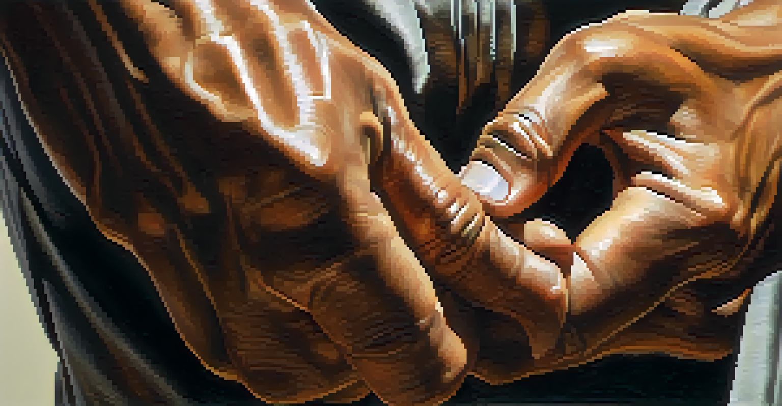 Close-up of a martial artist's hands gripping a training weapon, highlighting strength and dedication.