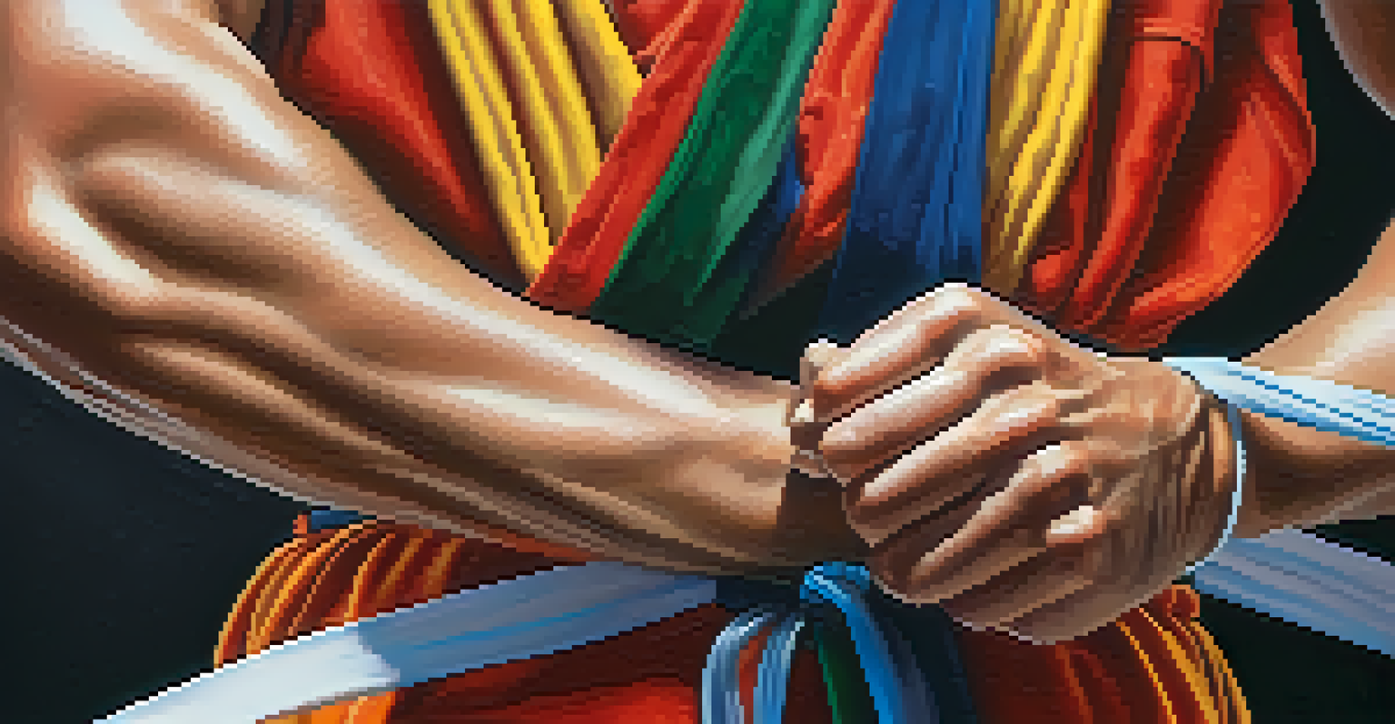 A close-up of hands tying a colorful martial arts belt, highlighting dedication.