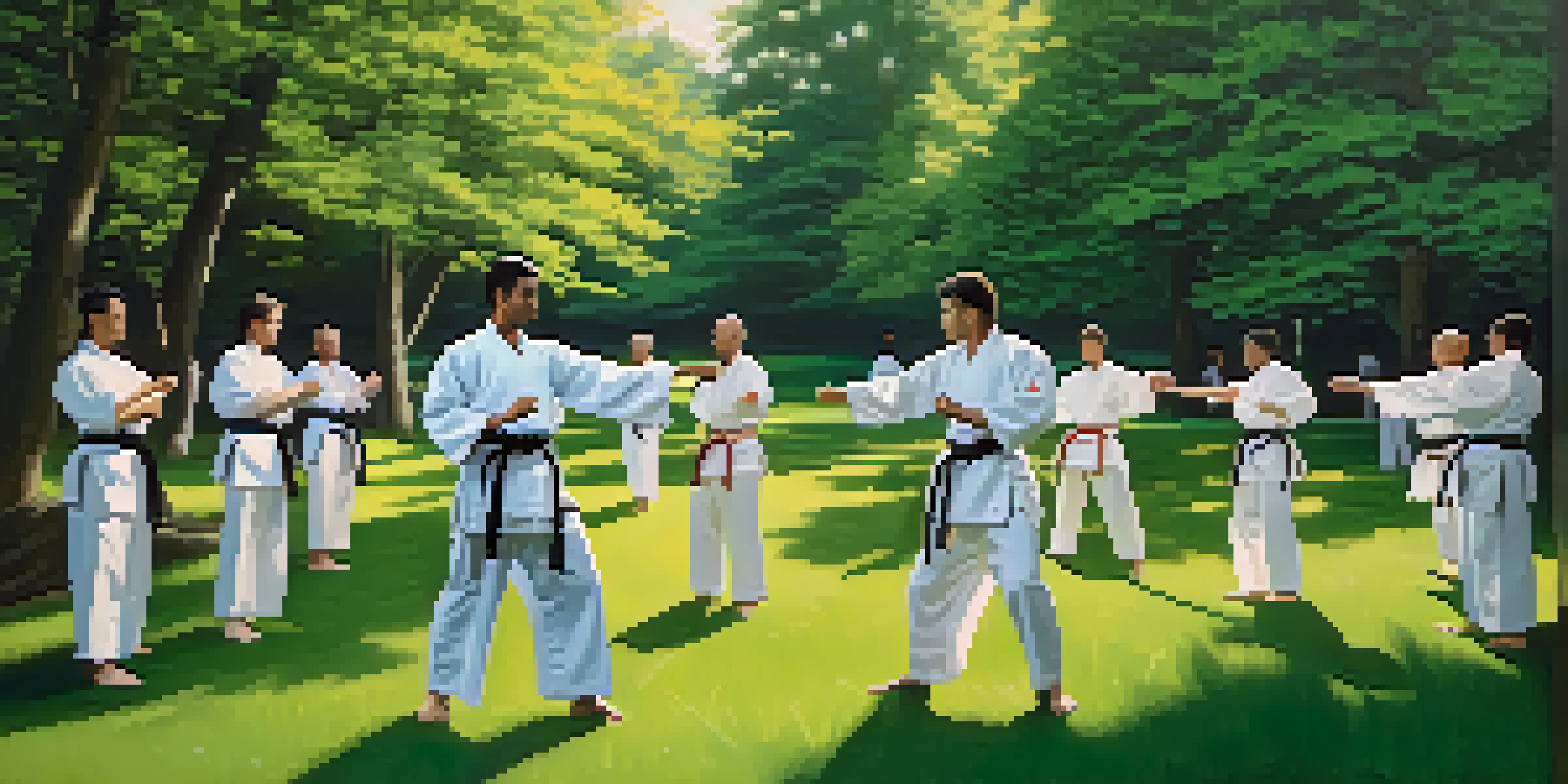 A group of martial artists practicing karate in a sunny park, surrounded by nature and greenery.