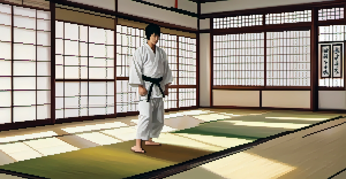A karate practitioner in a traditional Japanese dojo, performing a kata with sunlight filtering through the windows.