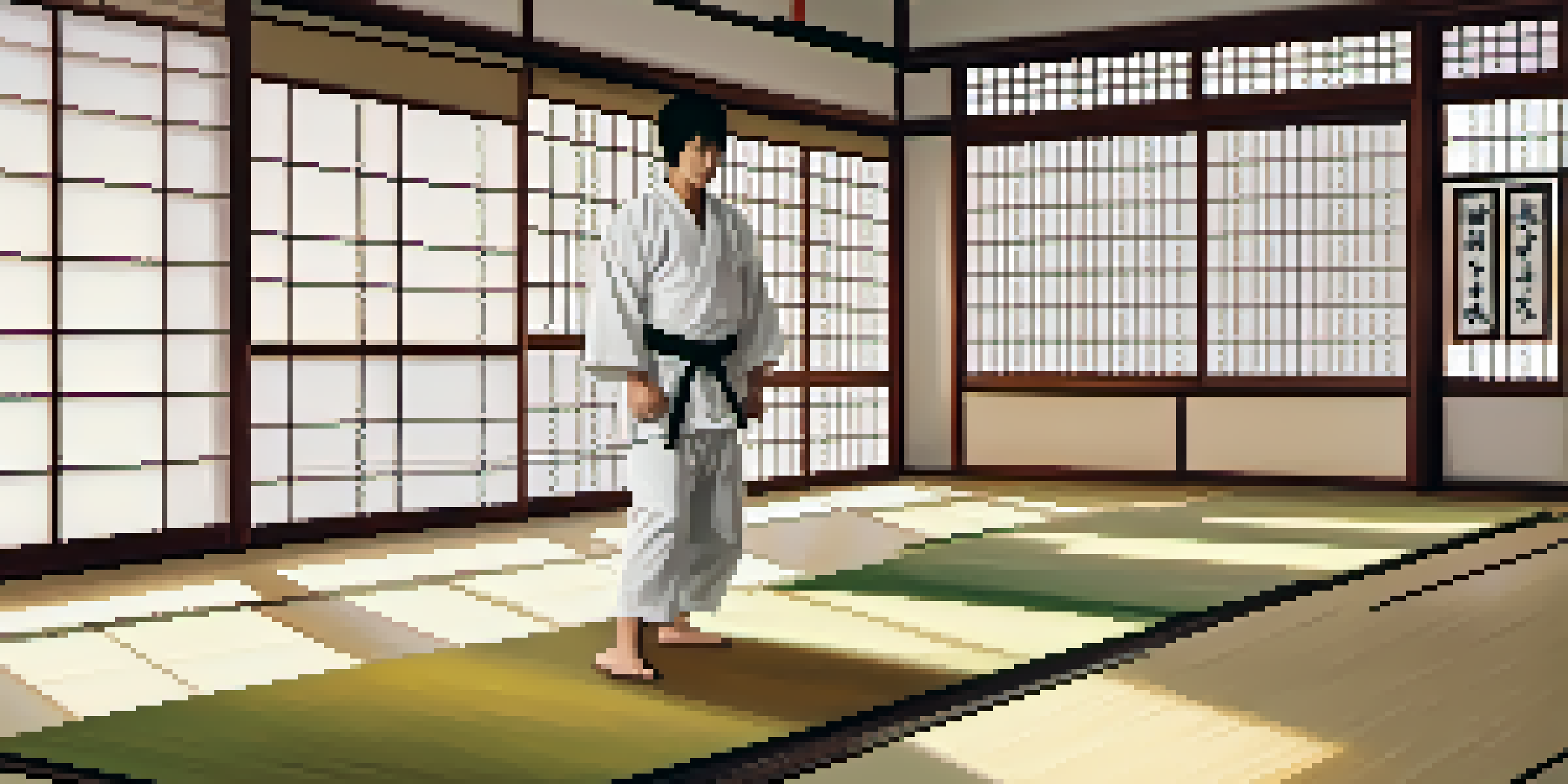 A karate practitioner in a traditional Japanese dojo, performing a kata with sunlight filtering through the windows.