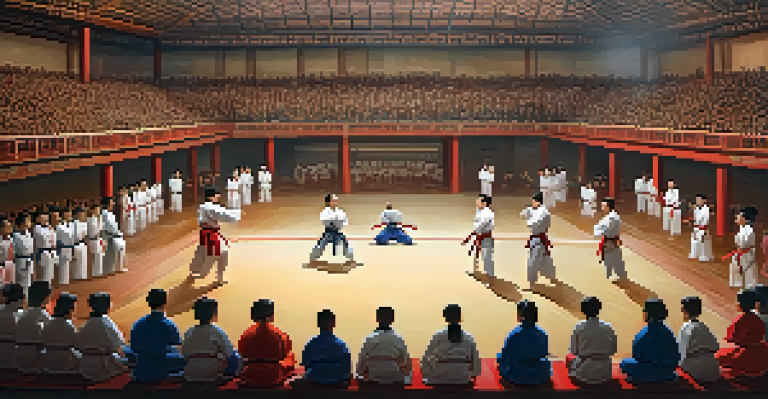 A thrilling martial arts tournament with competitors sparring on a mat and an excited audience cheering them on.