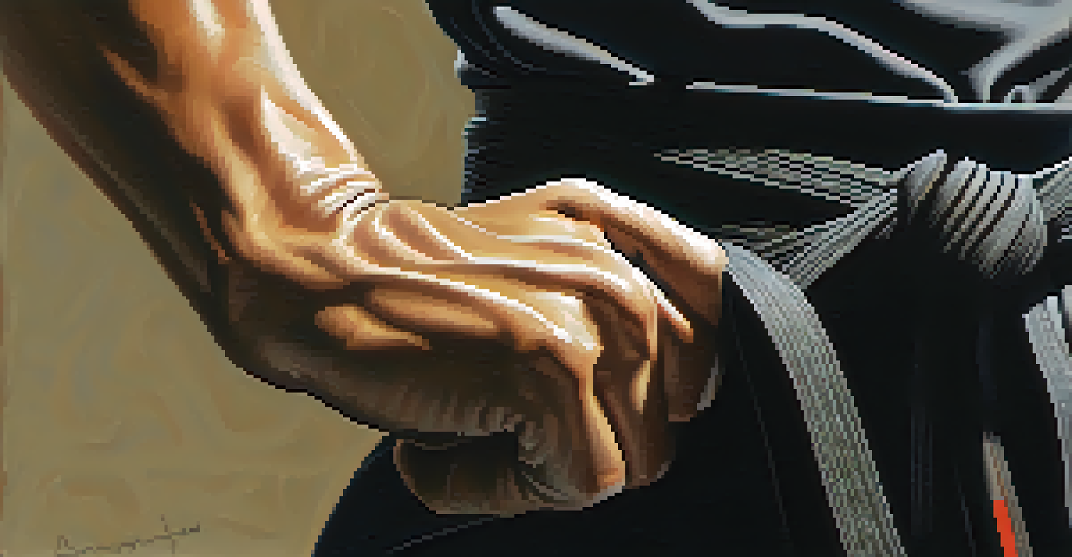 Close-up of a martial artist's hand gripping a black belt, highlighting the texture and determination, with a blurred background.