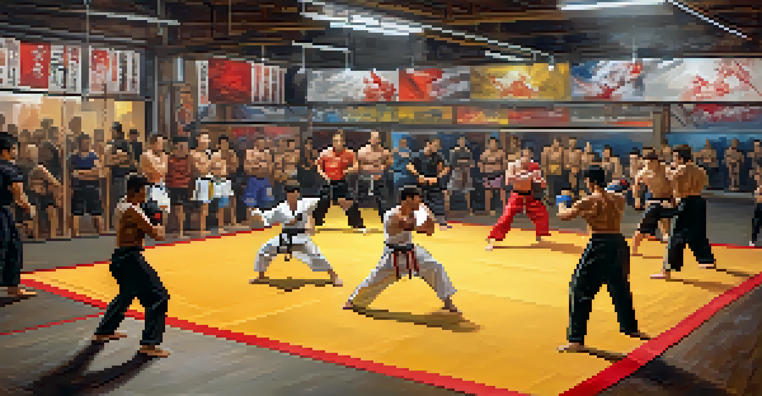 A modern mixed martial arts training session in an urban gym with diverse practitioners sparring on a mat.