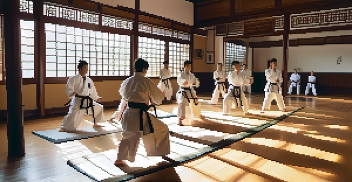 A diverse group of martial artists in a sunlit dojo practicing techniques, with bamboo plants in the background.