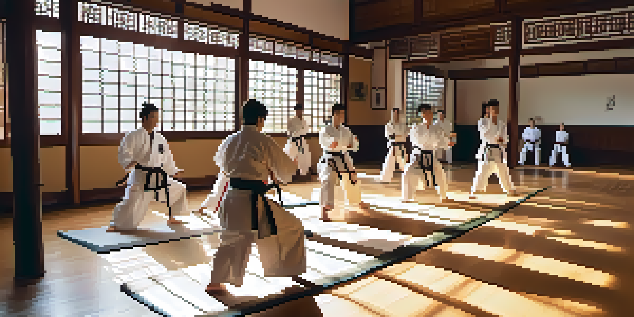 A diverse group of martial artists in a sunlit dojo practicing techniques, with bamboo plants in the background.