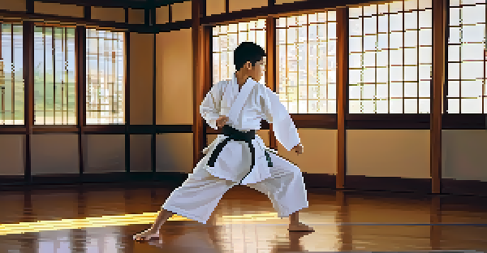 A young martial artist practicing kata in a serene dojo illuminated by sunrise.