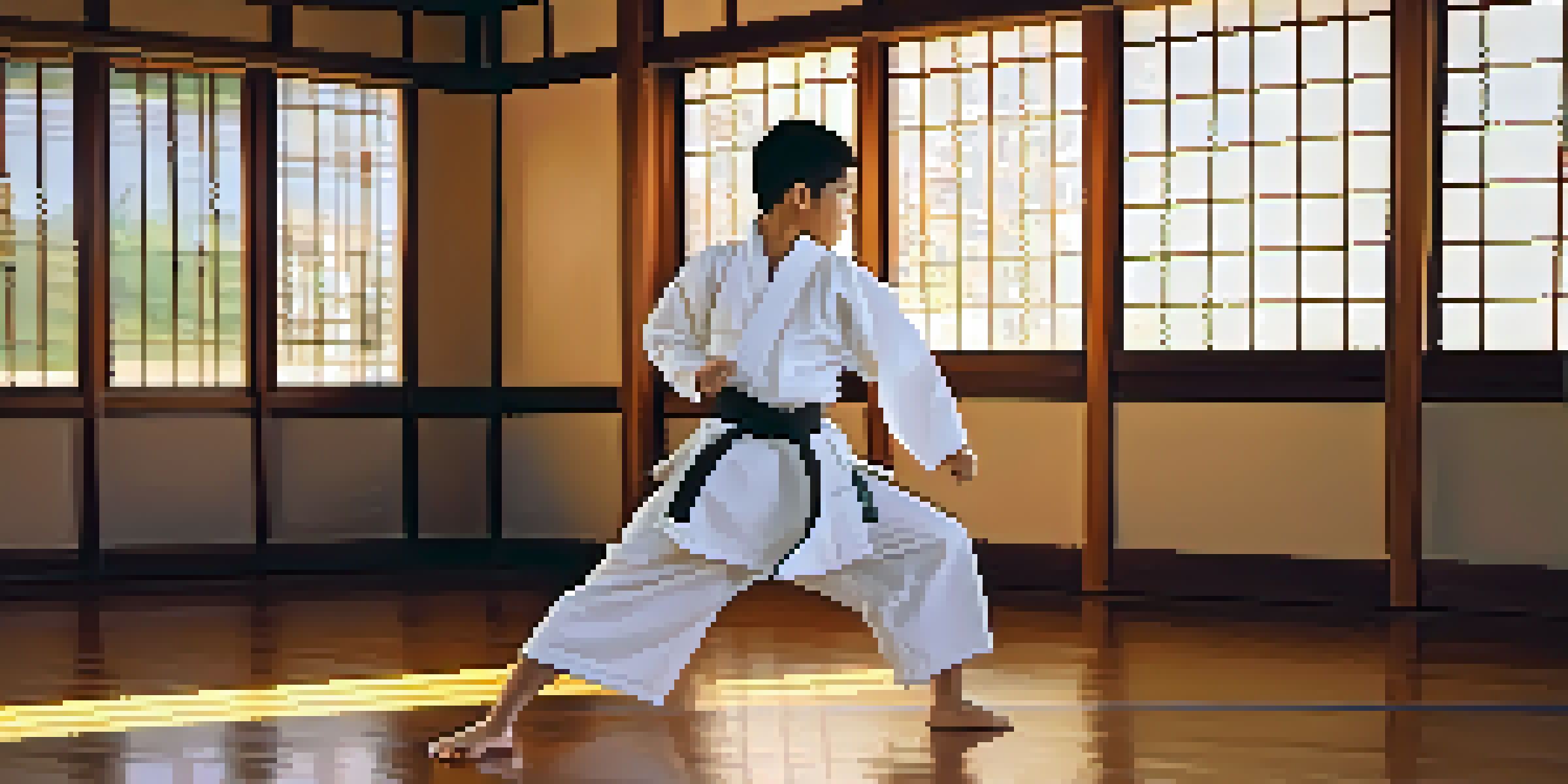 A young martial artist practicing kata in a serene dojo illuminated by sunrise.