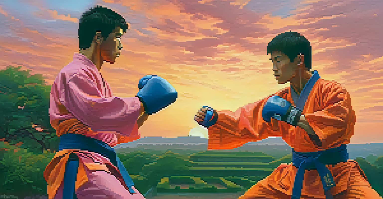 Two martial artists sparring outdoors at sunset, showcasing respect and camaraderie against a vibrant sky.
