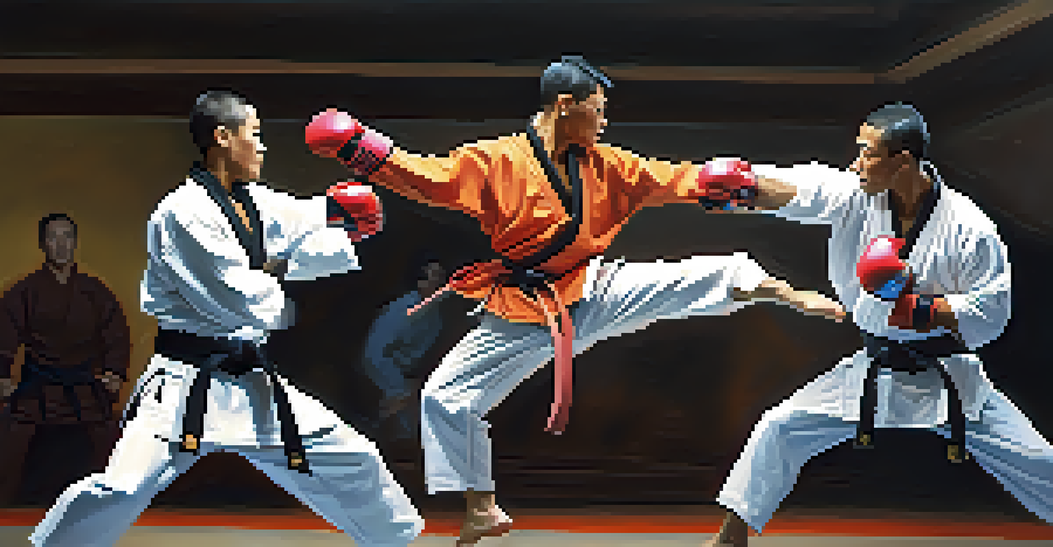 Diverse martial artists sparring in a gym, showcasing various techniques in colorful gis.