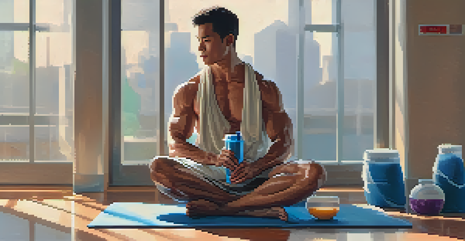 A martial artist sitting on a gym mat with a protein smoothie, towel over shoulder, and gym bag beside them.