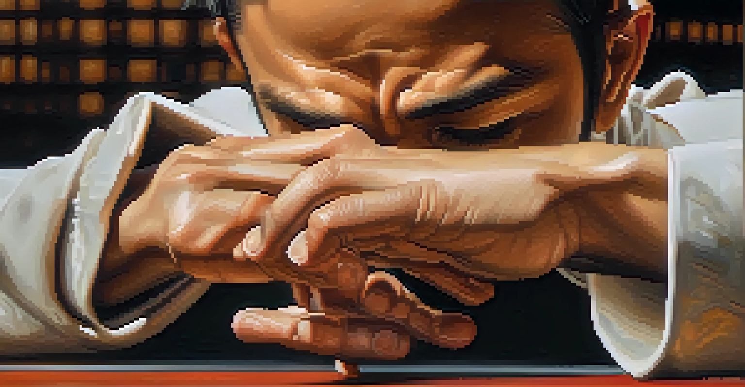 Close-up of a martial artist's hands and calm face during a deep breathing exercise in a dojo.