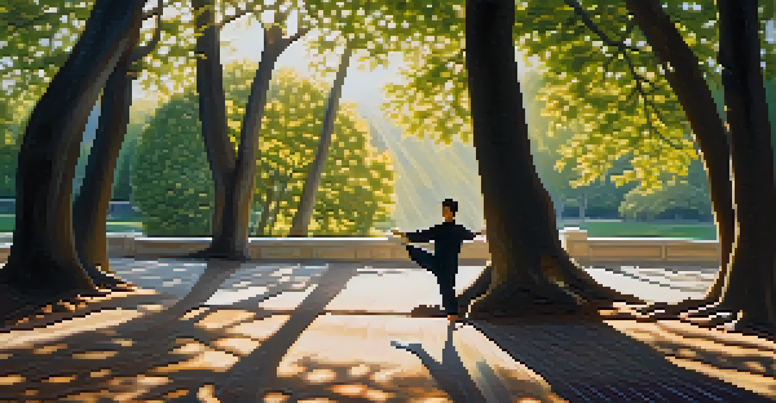 Close-up of a practitioner's hands performing Tai Chi against a blurred park backdrop, with sunlight creating dappled patterns.
