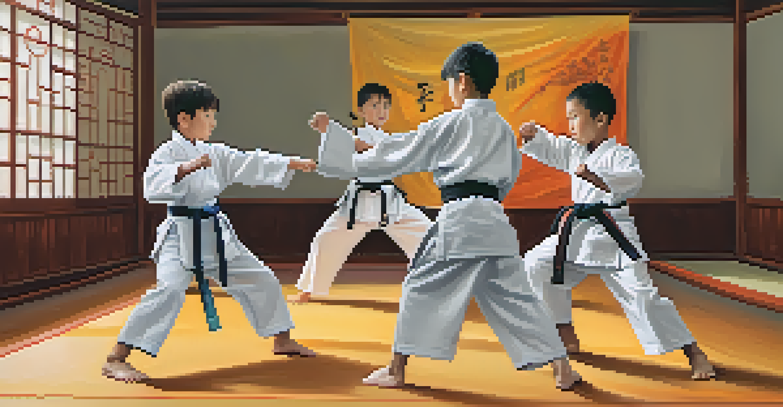 Children sparring in a dojo, highlighting teamwork and encouragement with a colorful atmosphere.
