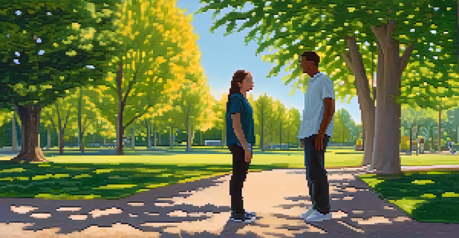 Two friends having a respectful conversation in a peaceful park, highlighting mindfulness and self-control.