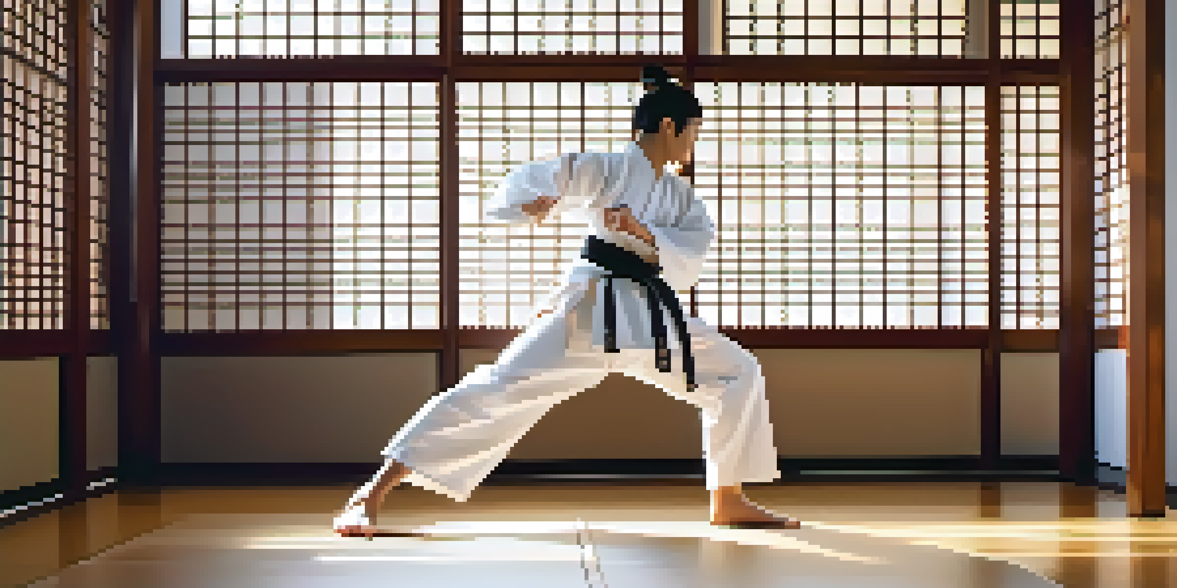 A martial artist practicing a high kick in a traditional dojo with sunlight filtering through shoji screens.