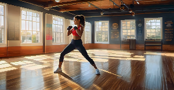 A woman in athletic wear practicing self-defense in a well-lit gym, demonstrating a strong guard position.