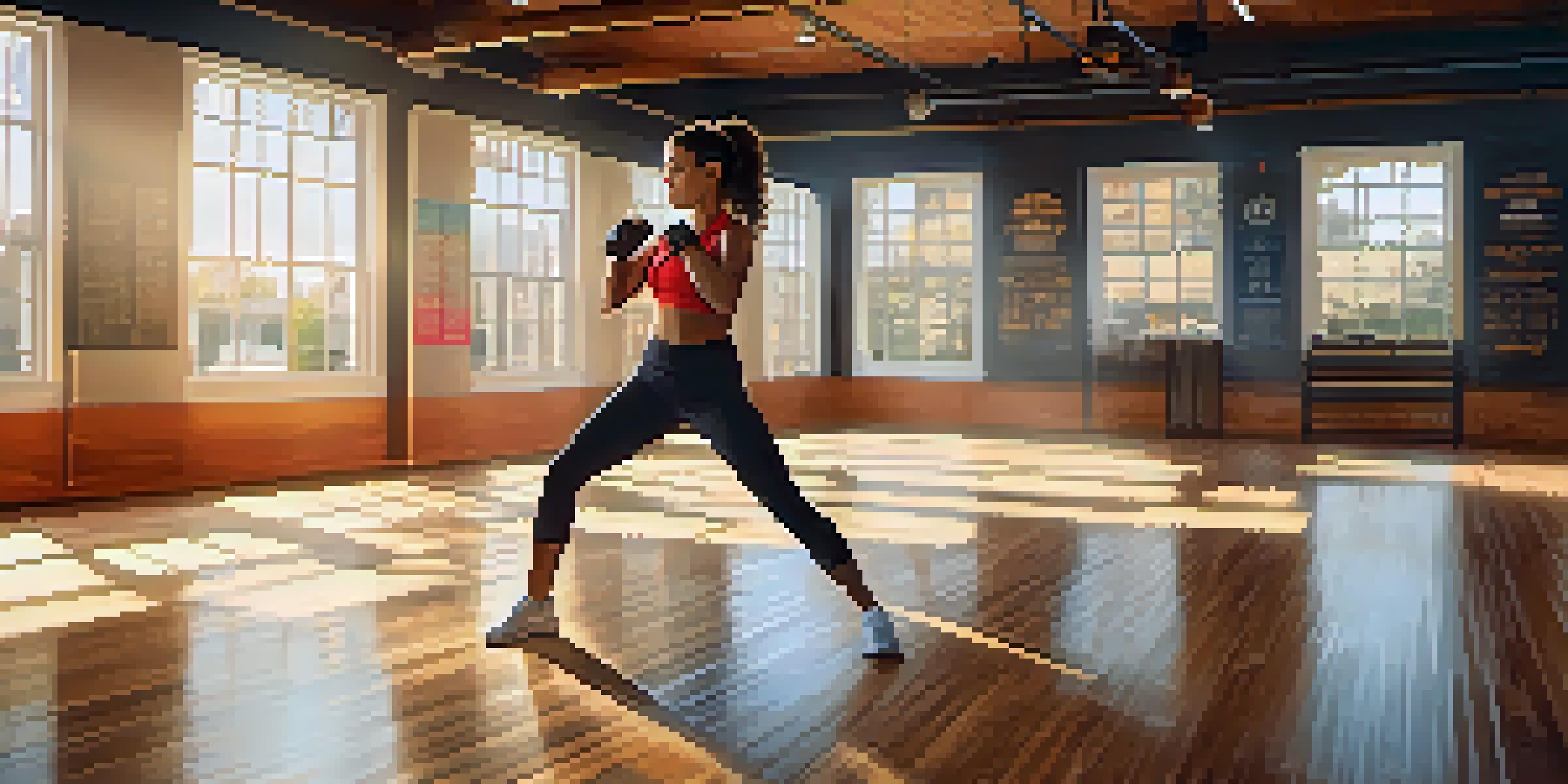 A woman in athletic wear practicing self-defense in a well-lit gym, demonstrating a strong guard position.