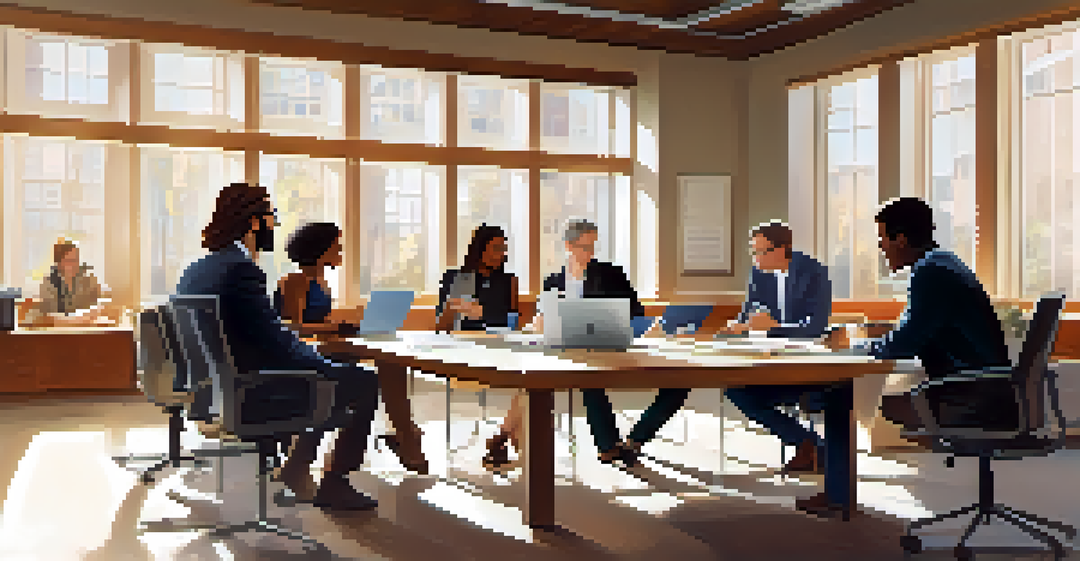 A diverse group of people having a respectful discussion around a conference table, illuminated by natural light from large windows.