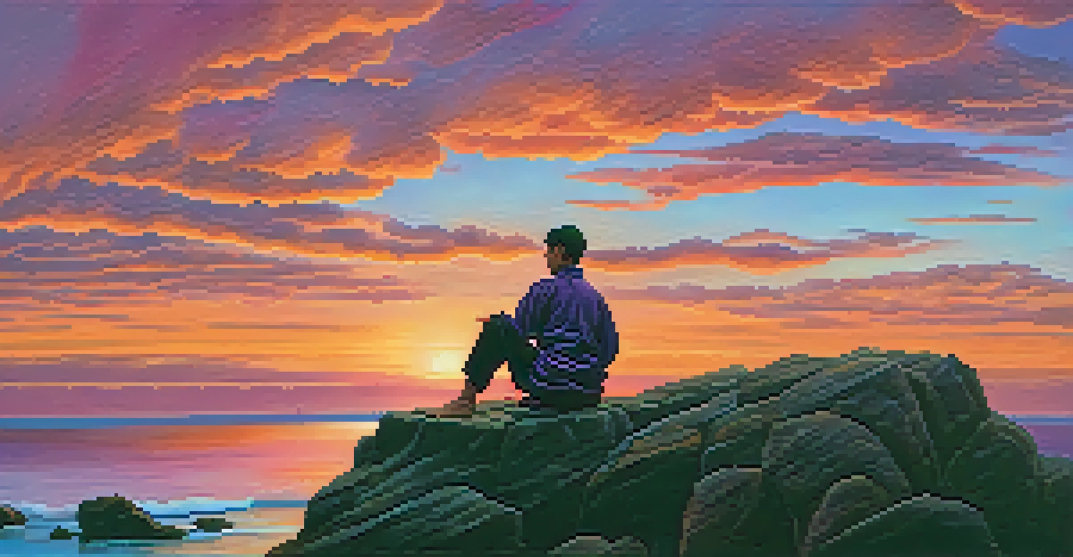 A martial artist meditating on a cliff during a colorful sunset over the ocean.