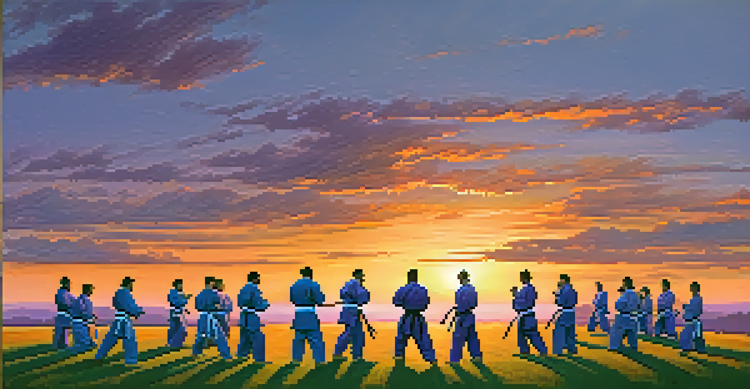 A group of martial artists training outdoors at sunset, performing techniques on a grassy field.
