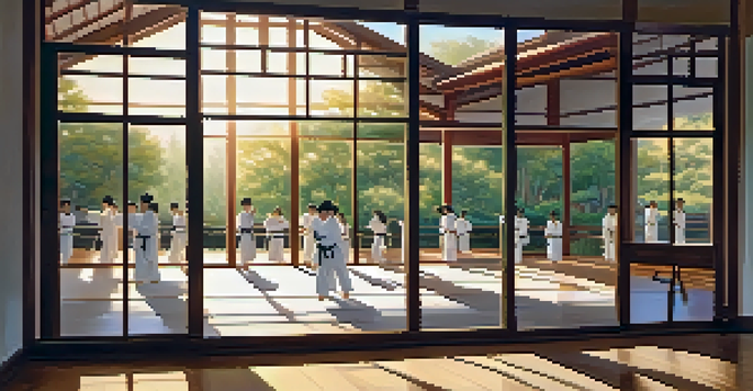 A peaceful martial arts dojo with students practicing in soft morning light, surrounded by a tranquil garden.