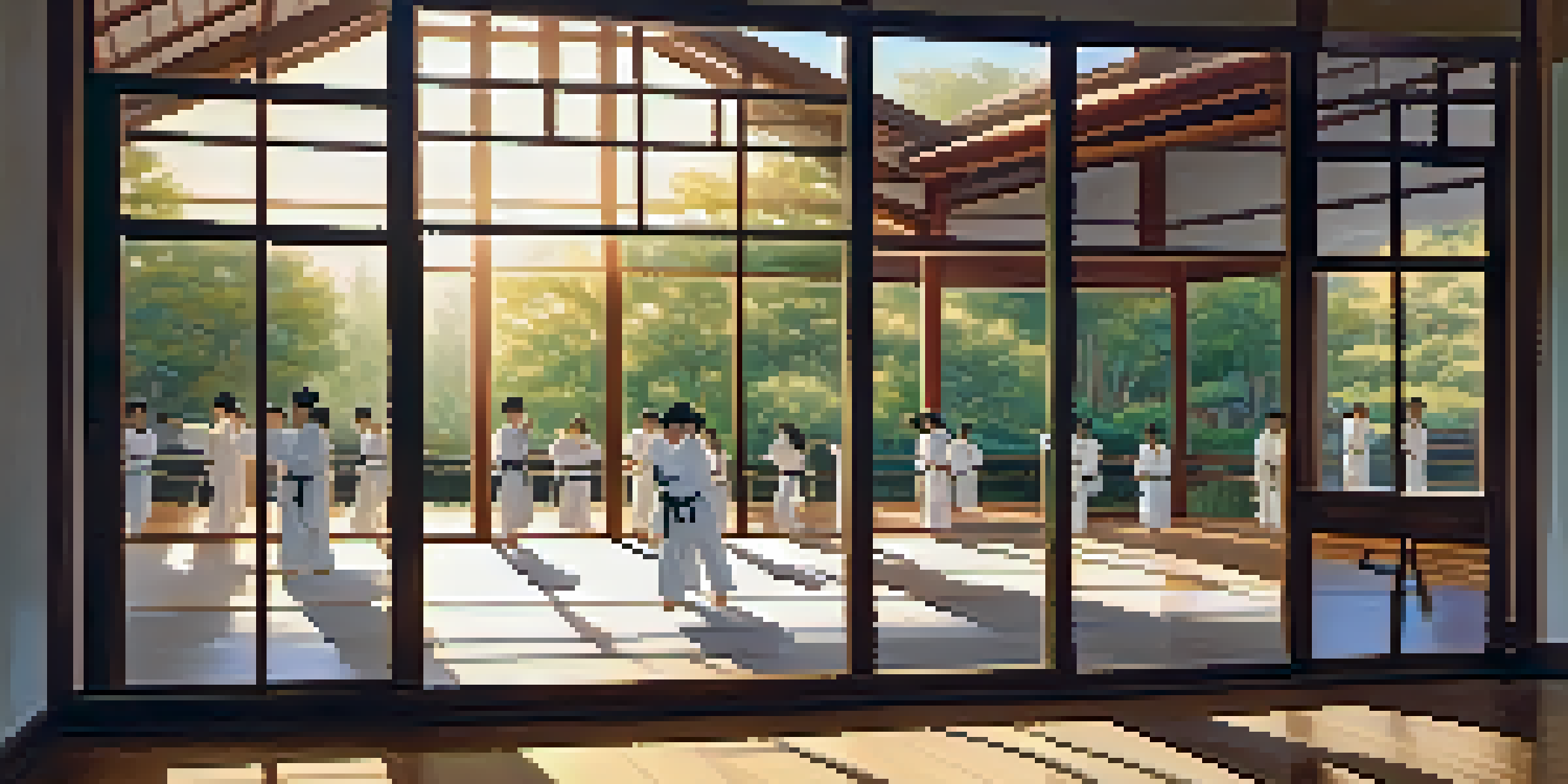 A peaceful martial arts dojo with students practicing in soft morning light, surrounded by a tranquil garden.