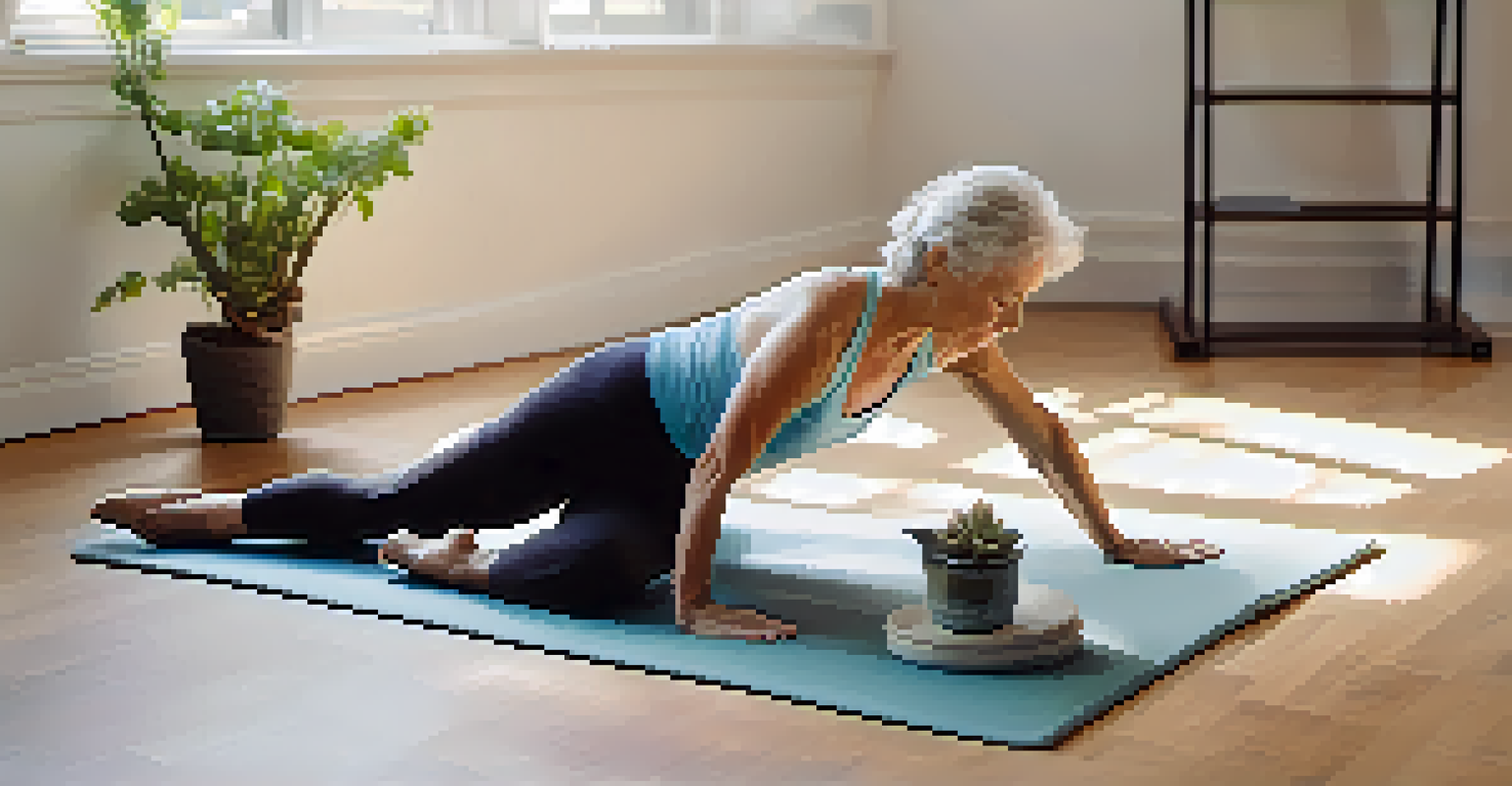 An older adult doing the cat-cow stretch on a yoga mat in a serene studio, showcasing a calm demeanor.