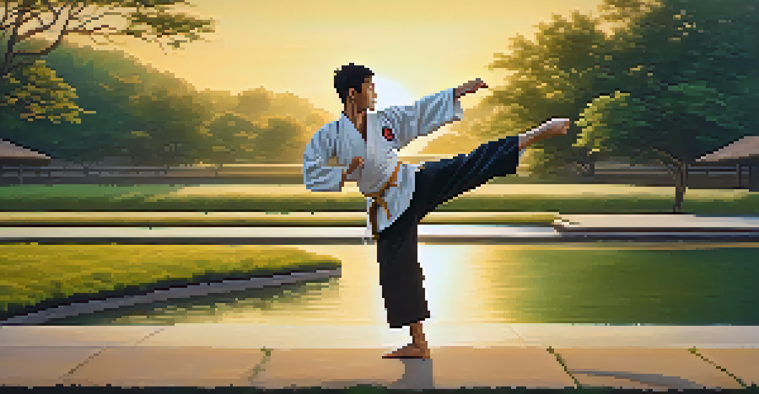 A martial artist performing a high kick outdoors at sunrise, showcasing focus and discipline in a tranquil park.