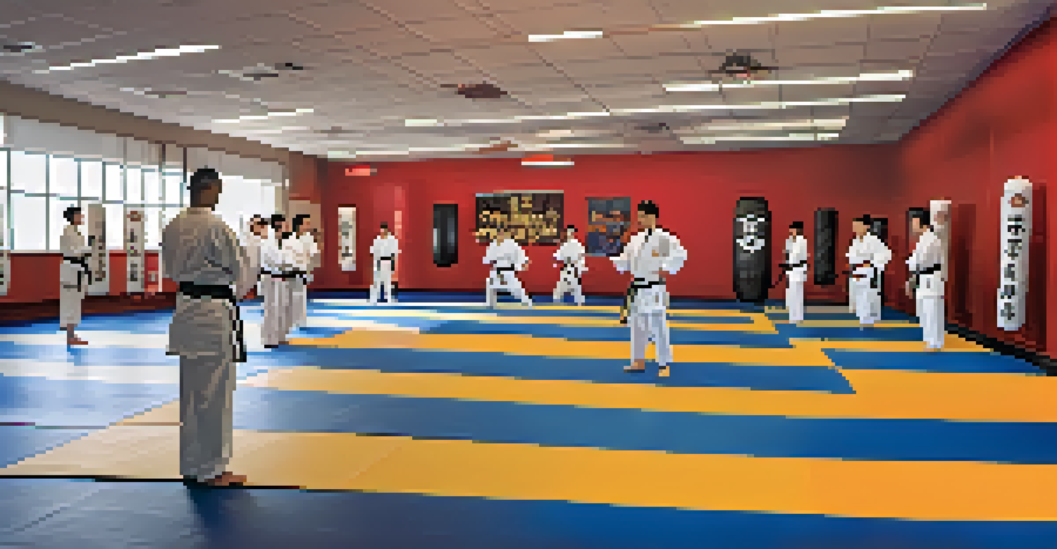 An indoor martial arts training facility with instructors guiding students, showcasing a bright and energetic training environment.