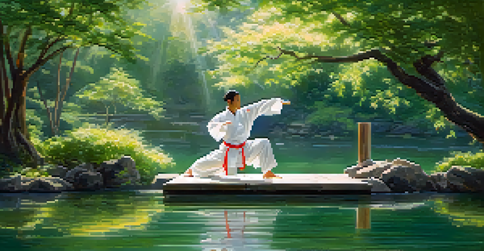 A martial artist practicing tai chi in a beautiful outdoor dojo surrounded by greenery and a tranquil pond.