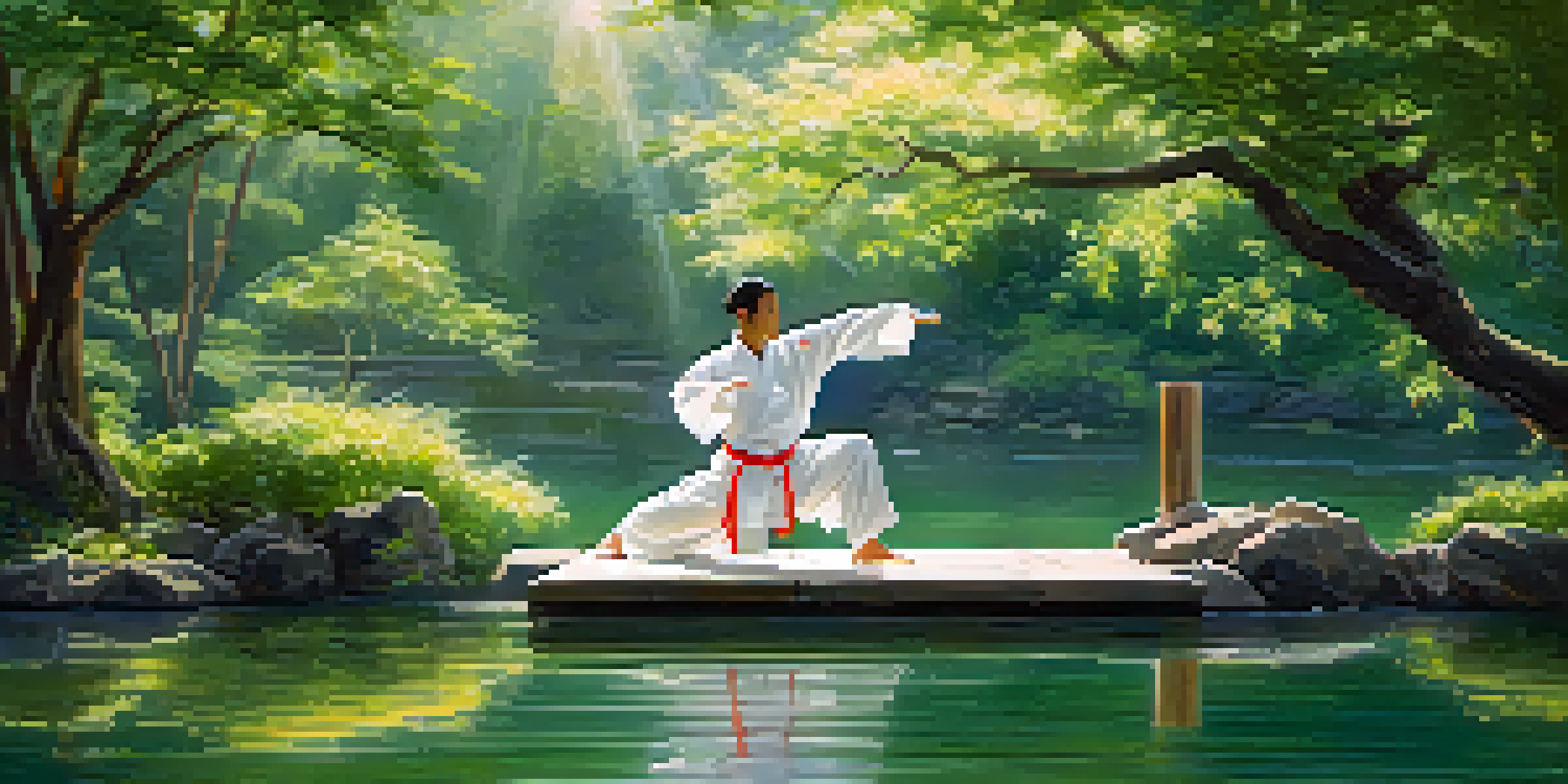 A martial artist practicing tai chi in a beautiful outdoor dojo surrounded by greenery and a tranquil pond.