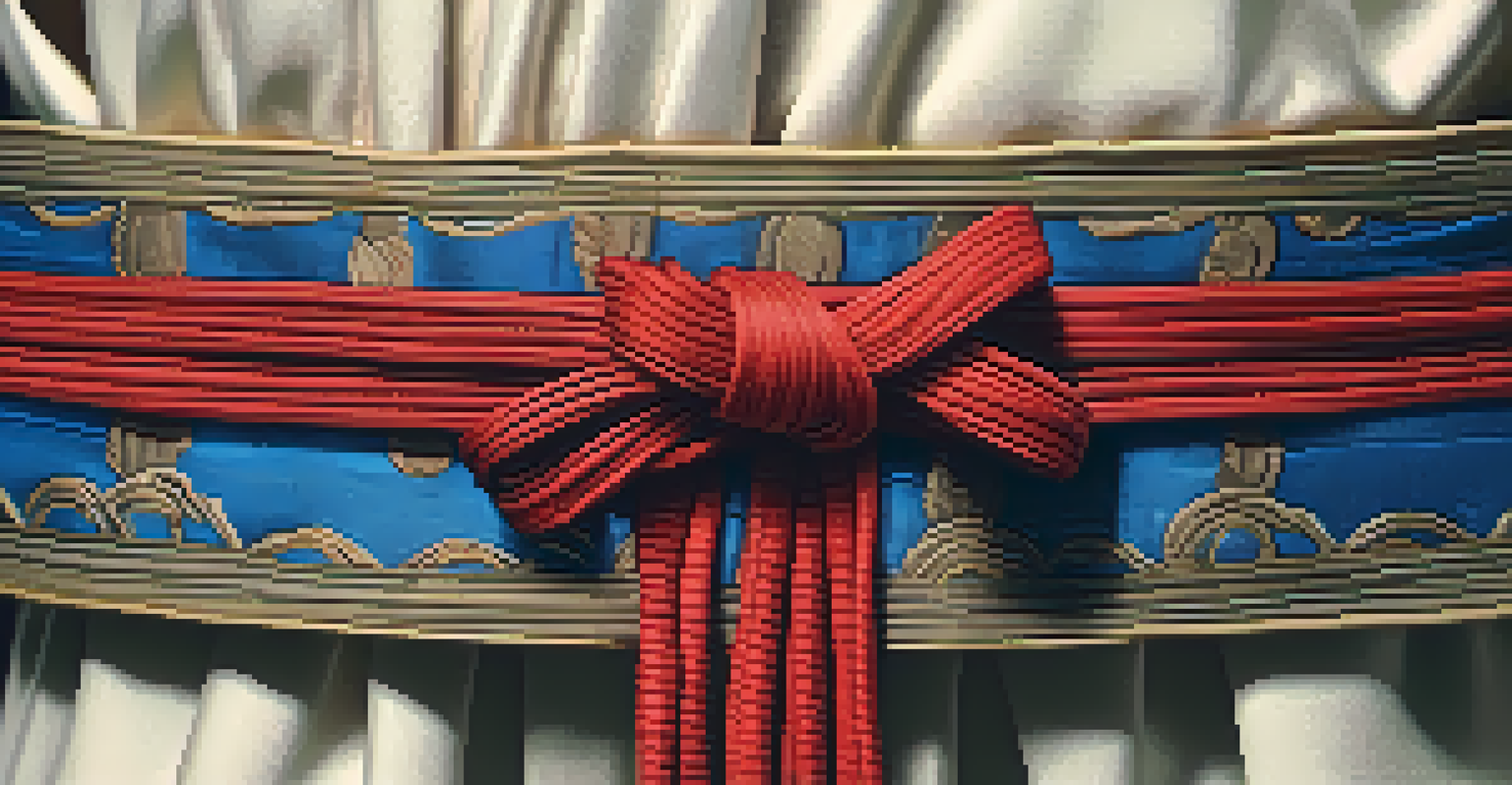 A close-up of hands tying a martial arts belt, with a blurred background highlighting the texture of the fabric.