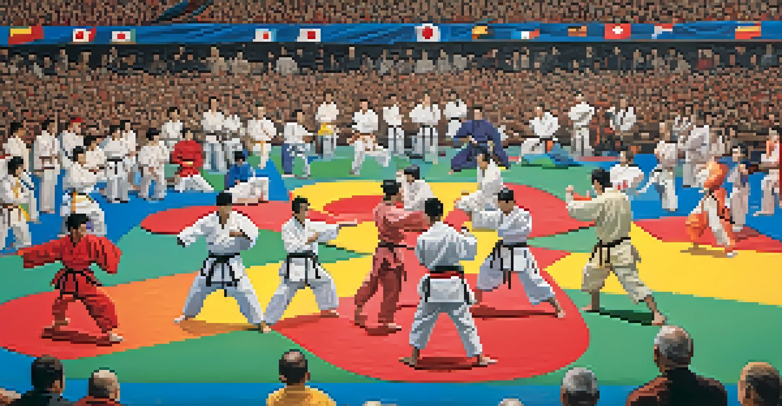 Fighters in action during a vibrant martial arts competition, with an enthusiastic audience in the background and colorful banners.
