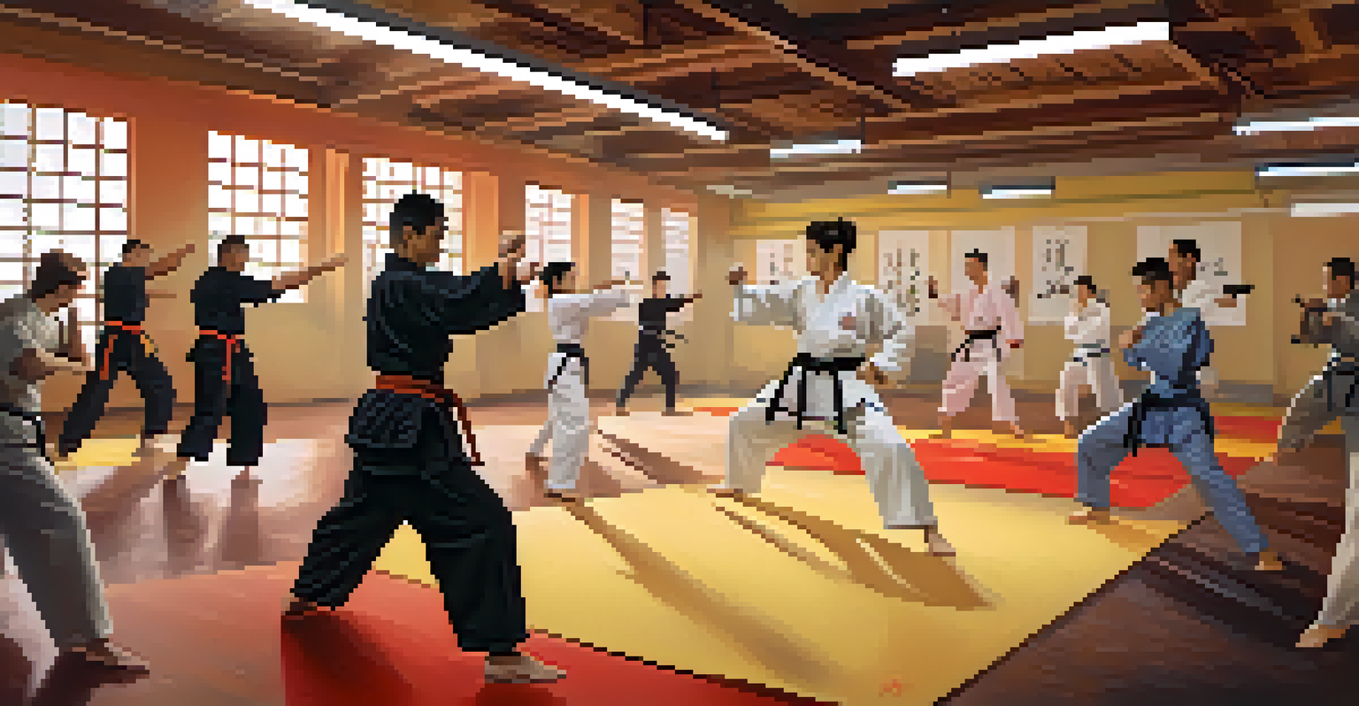 A group of diverse martial arts students training in a gym, practicing different techniques with bright lighting and motivational posters.