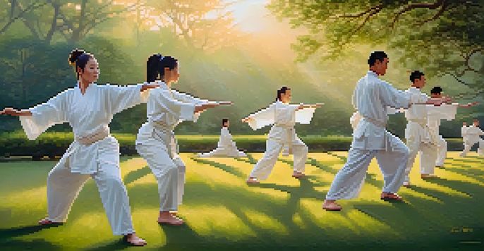 A group of diverse individuals practicing Tai Chi outdoors at sunrise, showcasing a sense of peace and mindfulness.