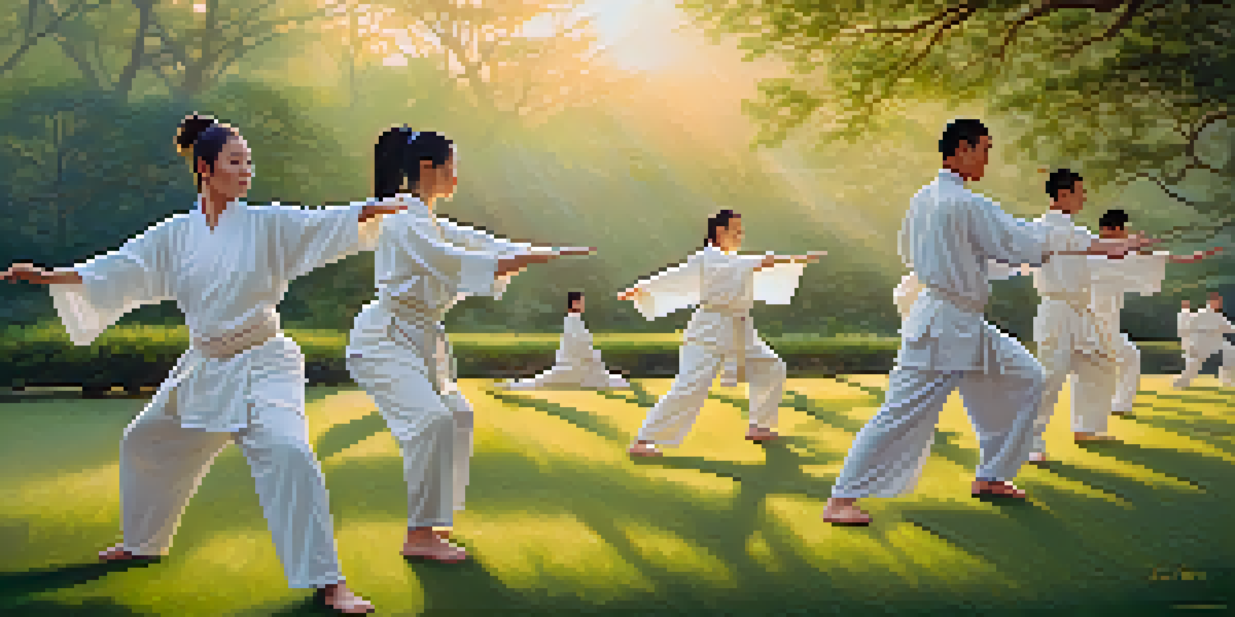 A group of diverse individuals practicing Tai Chi outdoors at sunrise, showcasing a sense of peace and mindfulness.