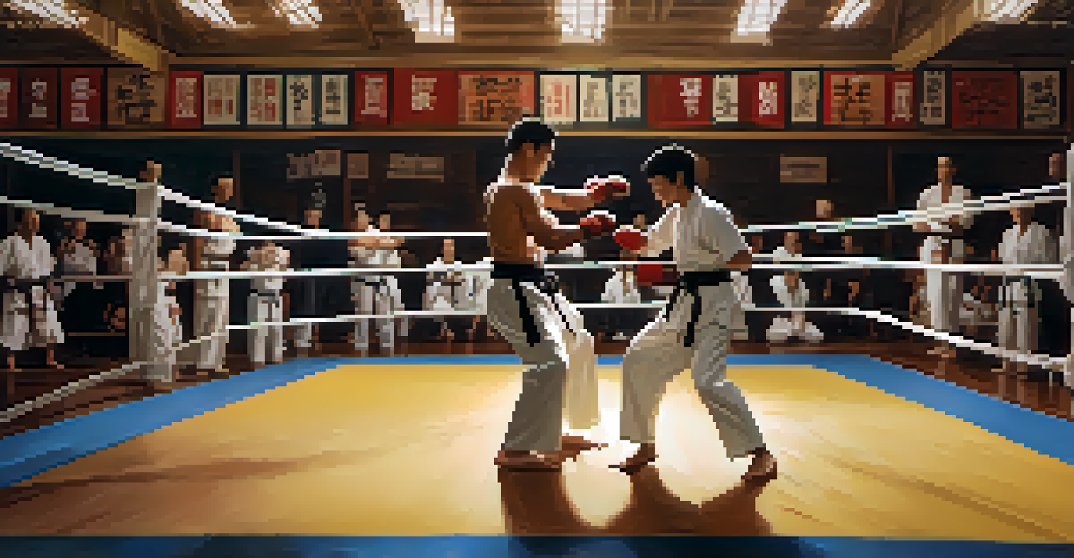 Two martial artists sparring in a gym, one delivering a kick while the other blocks, with spectators in the background.