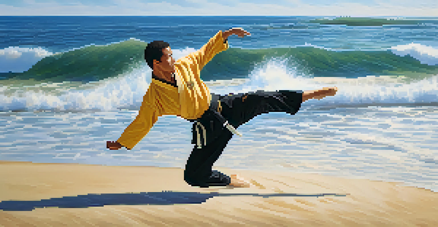 A martial artist executing a kick on a sandy beach with ocean waves in the background, illuminated by the sun.
