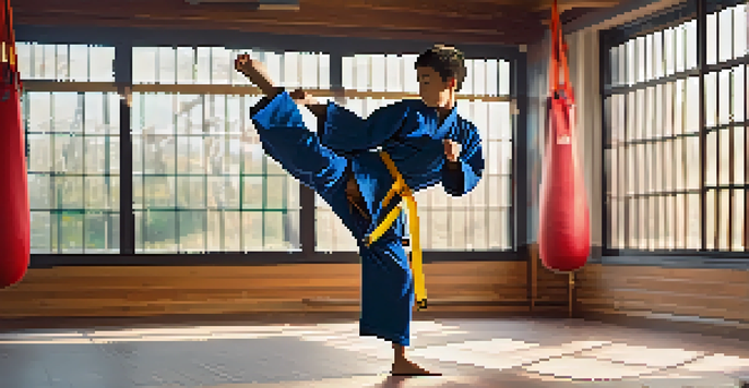 A young martial artist executing a high kick in a bright dojo filled with colorful training mats and natural light.